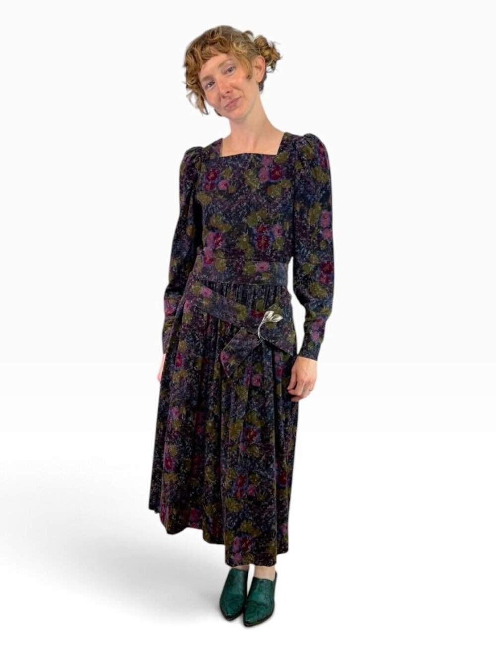 Laura Ashley Vintage 80s Fine Wale Corduroy Puff Sleeve Dress Dark Floral Sz 10
